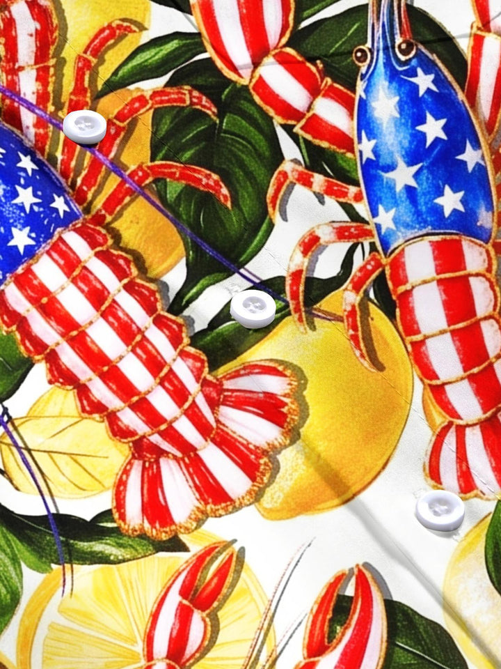 Independence Day American Flag Lobster Hawaiian Print Men's Pocket Short Sleeve Shirts