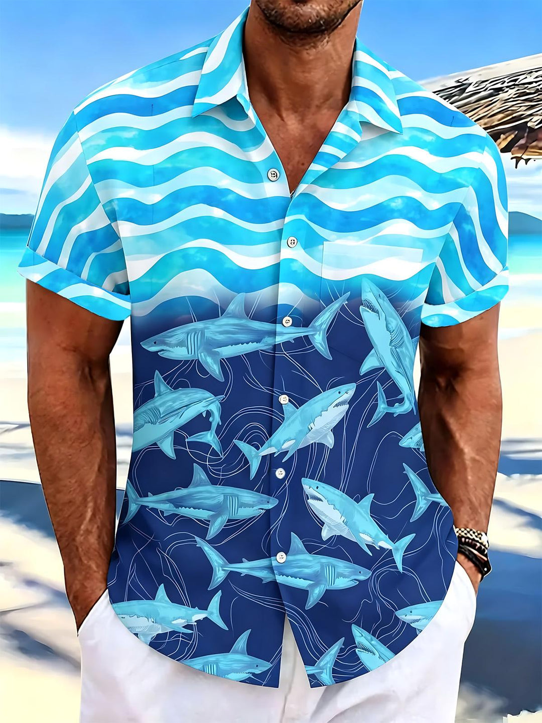 Ocean Shark Print Men's Pocket Short Sleeve Shirts