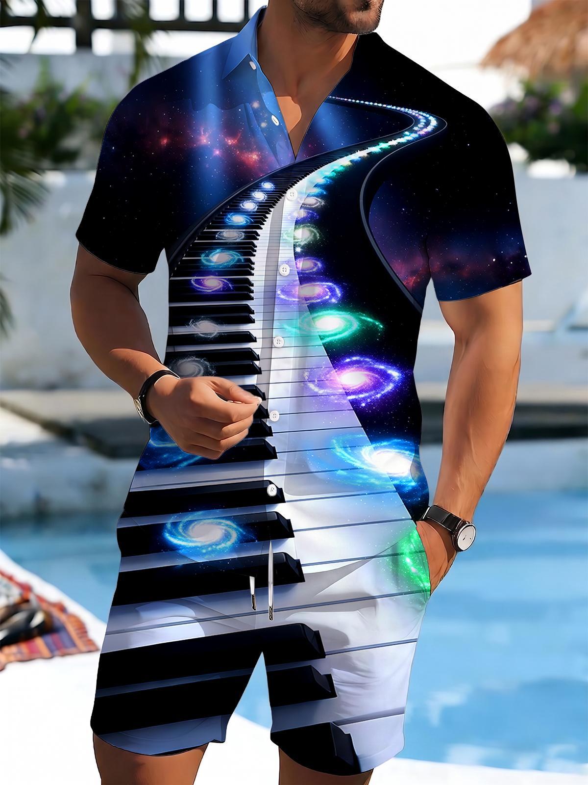 Piano Men's Short Sleeve Pocket Shirts And Shorts Set