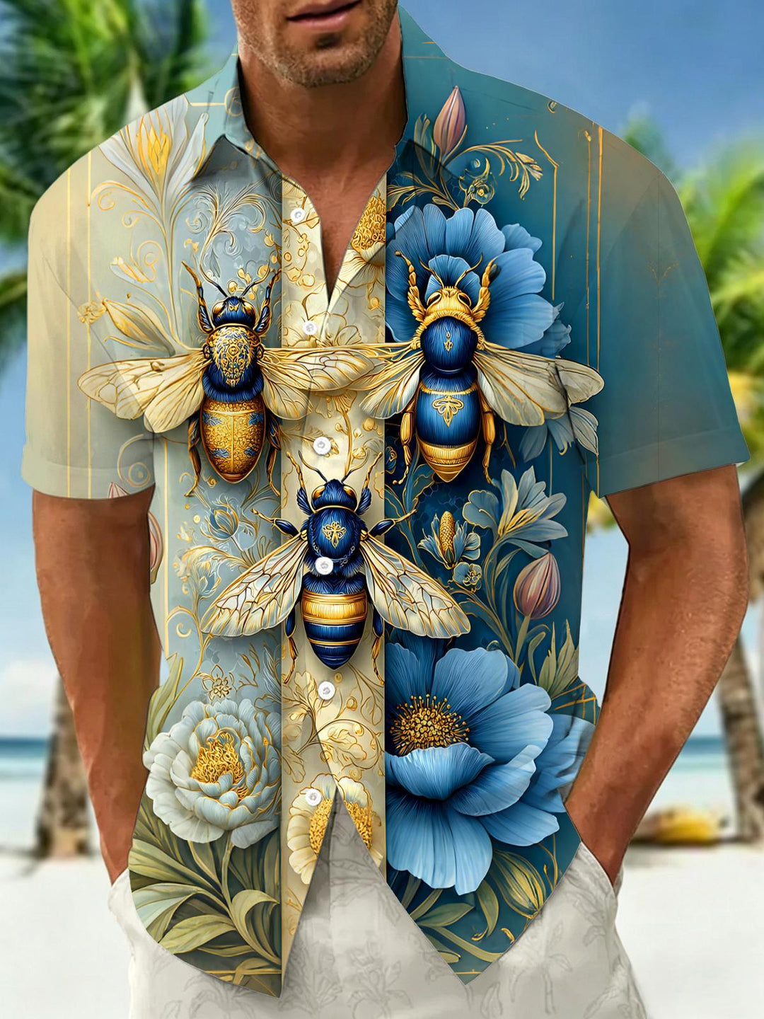 Retro Art Gilded Bee Blue & Golden Flower Men's Pocket Short Sleeve Shirts