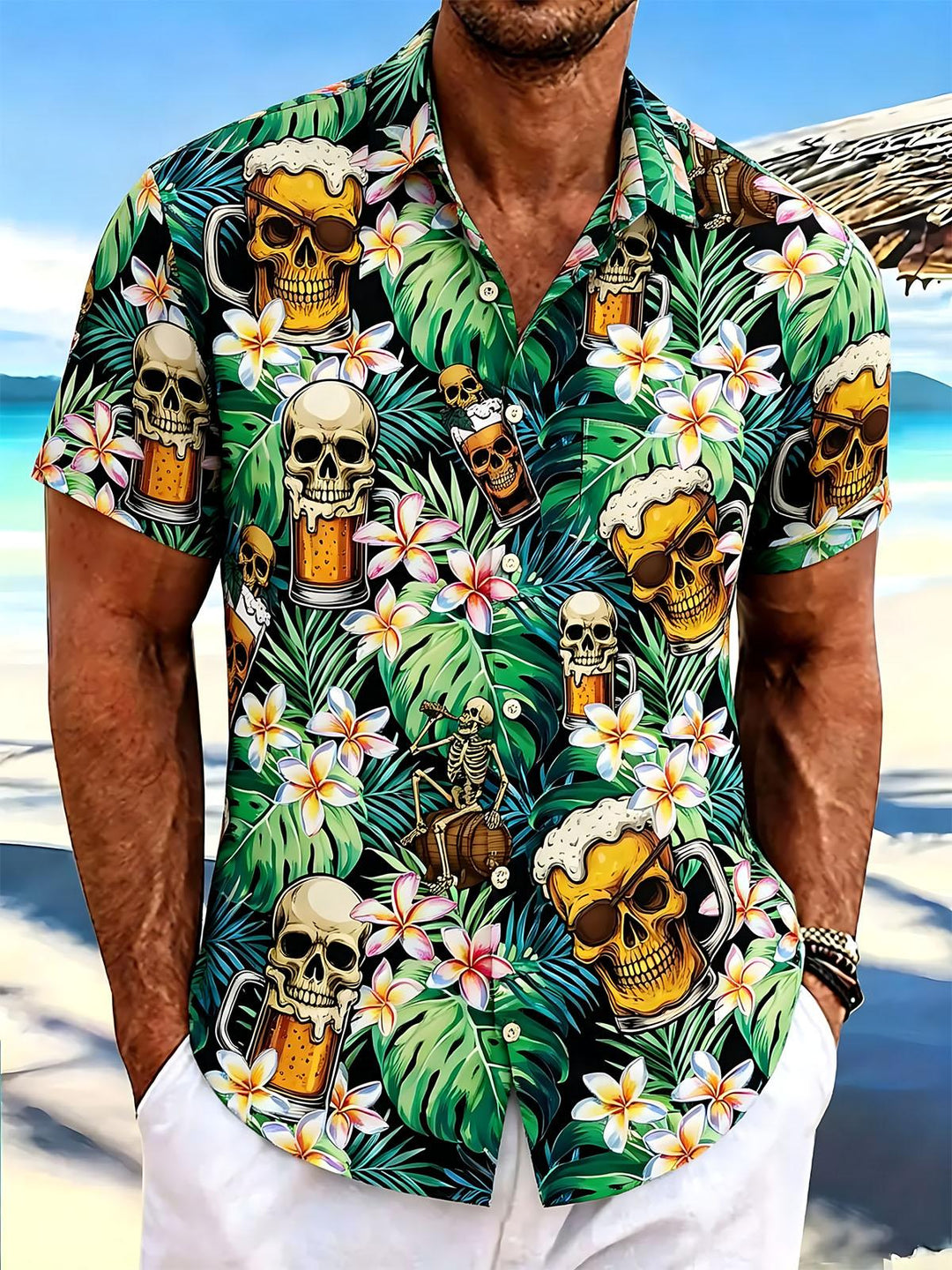 Beer Skull Hawaiian Plant Print Men's Pocket Short Sleeve Shirts