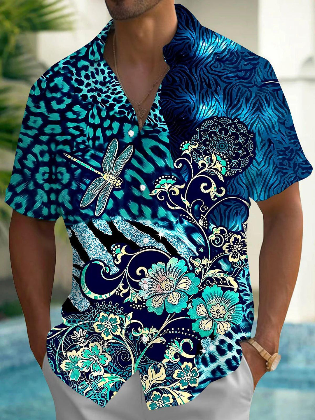 Dragonfly Leopard Floral Men's Pocket Short Sleeve Shirts
