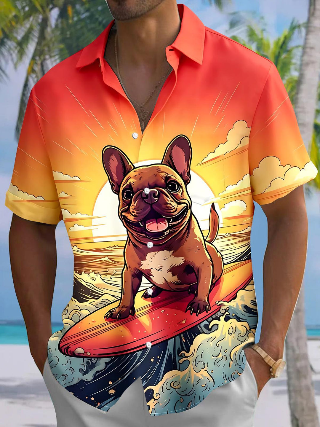 Hawaiian Sunset Dog Surfing Men's Pocket Short Sleeve Shirts