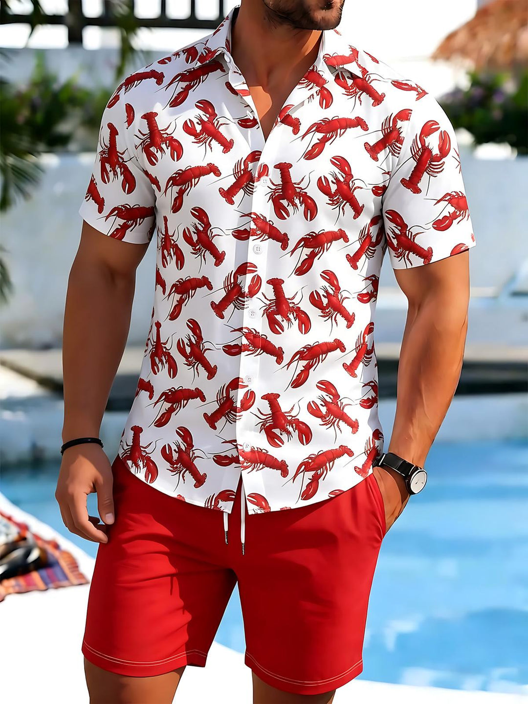 Crayfish Print Men's Short Sleeve Pocket Shirts And Shorts Set