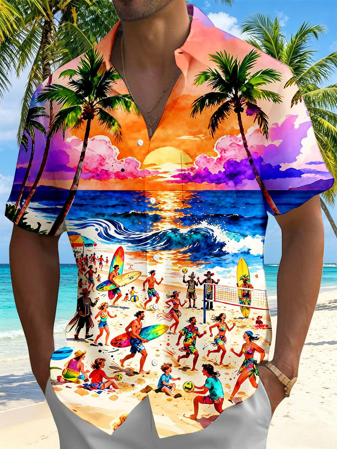Hawaiian Watercolor Sunset Palm Beach People Surf Men's Pocket Short Sleeve Shirts