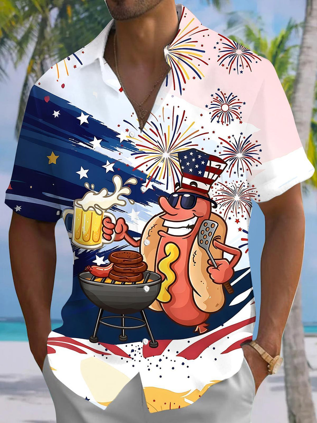 Independence Hot Dog Firework Men's Pocket Short Sleeve Shirts