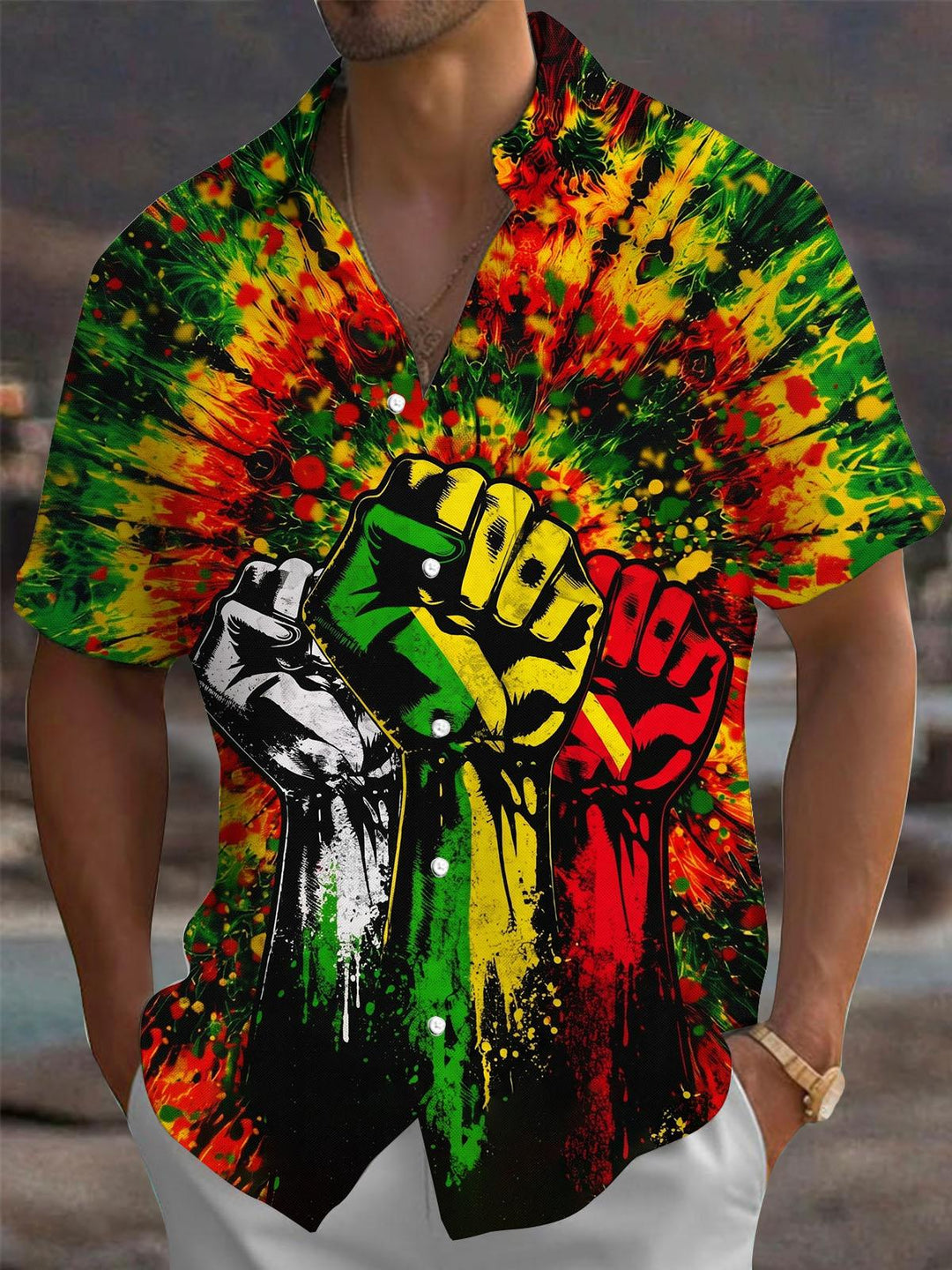 Tie Dye Fist Print Men's Pocket Short Sleeve Shirts