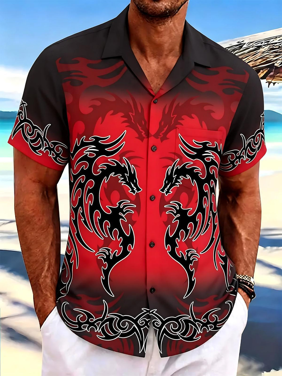 Dragon Print Men's Pocket Short Sleeve Shirts