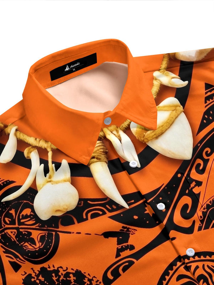 Hawaiian Orange Tribal Totem Decorated Men's Pocket Short Sleeve Shirts