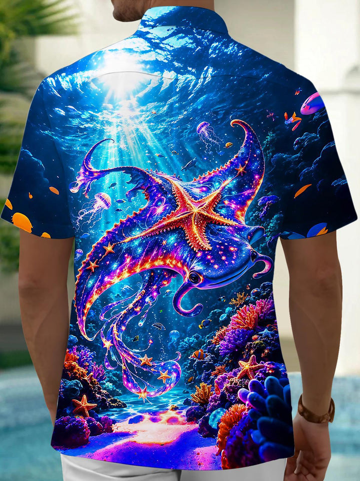 Deep Sea Fluorescent Manta Ray Starfish Coral Men's Pocket Short Sleeve Shirts