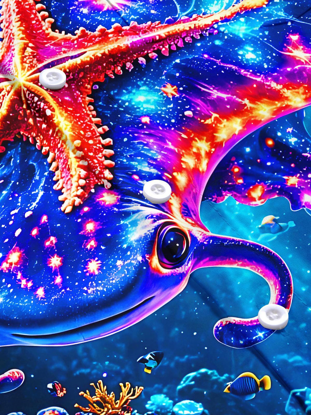 Deep Sea Fluorescent Manta Ray Starfish Coral Men's Pocket Short Sleeve Shirts