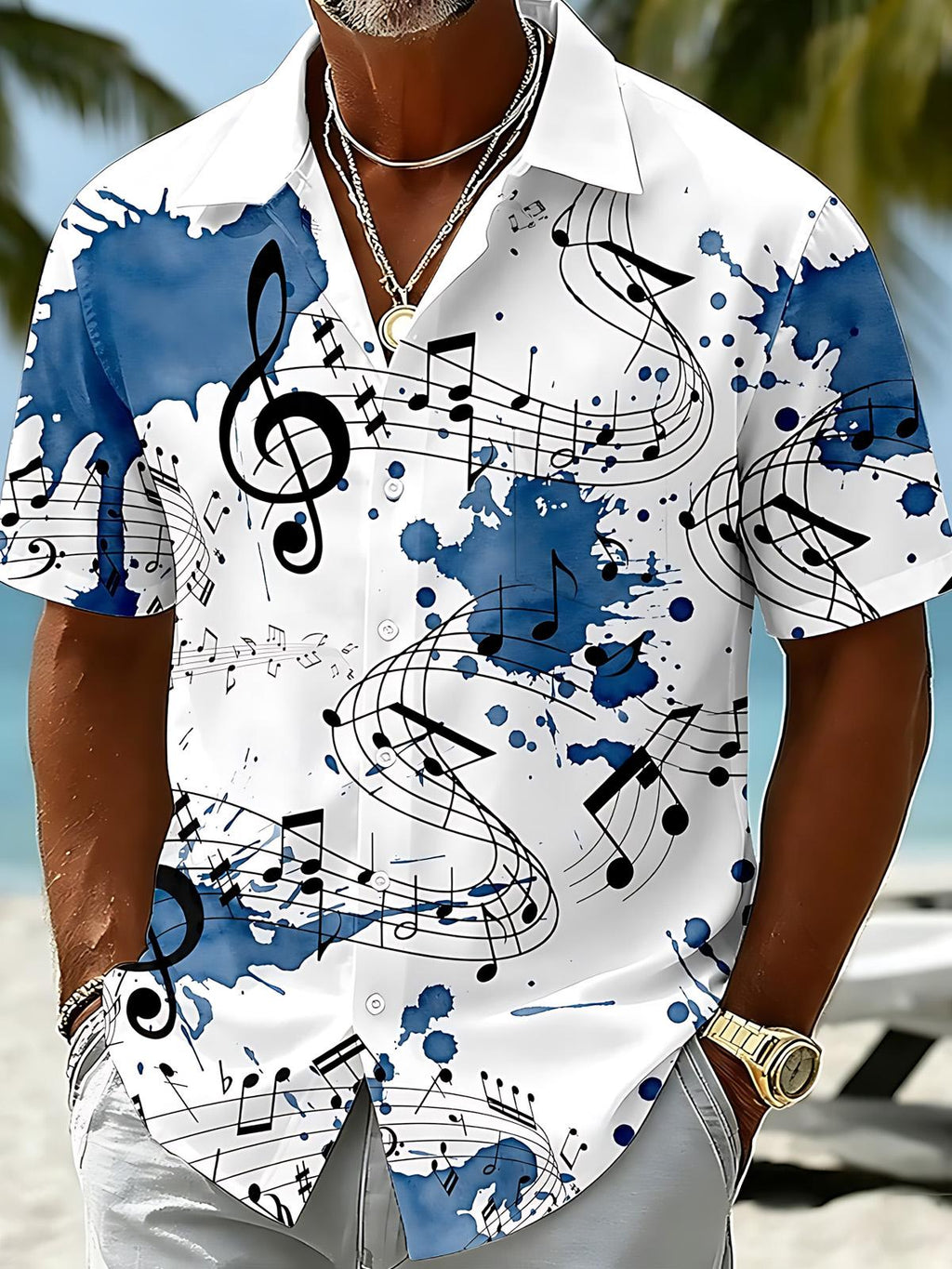 Musical Note Print Men's Pocket Short Sleeve Shirts