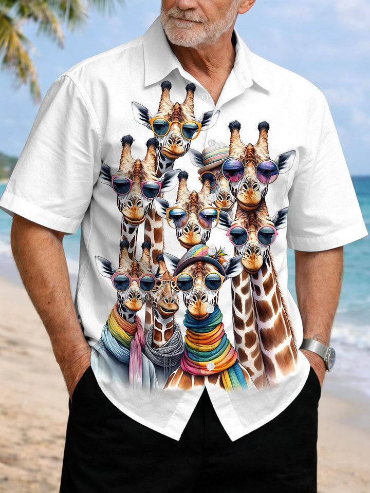 Giraffe Print Men's Pocket Short Sleeve Shirts