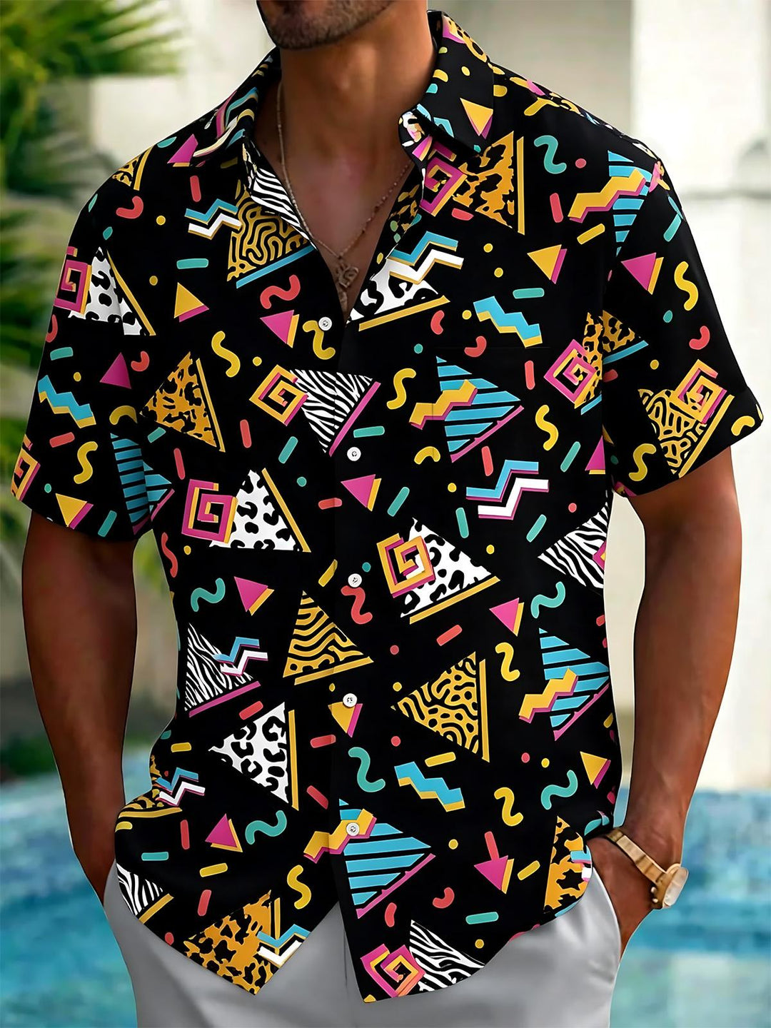 Geometric Print Men's Pocket Short Sleeve Shirts