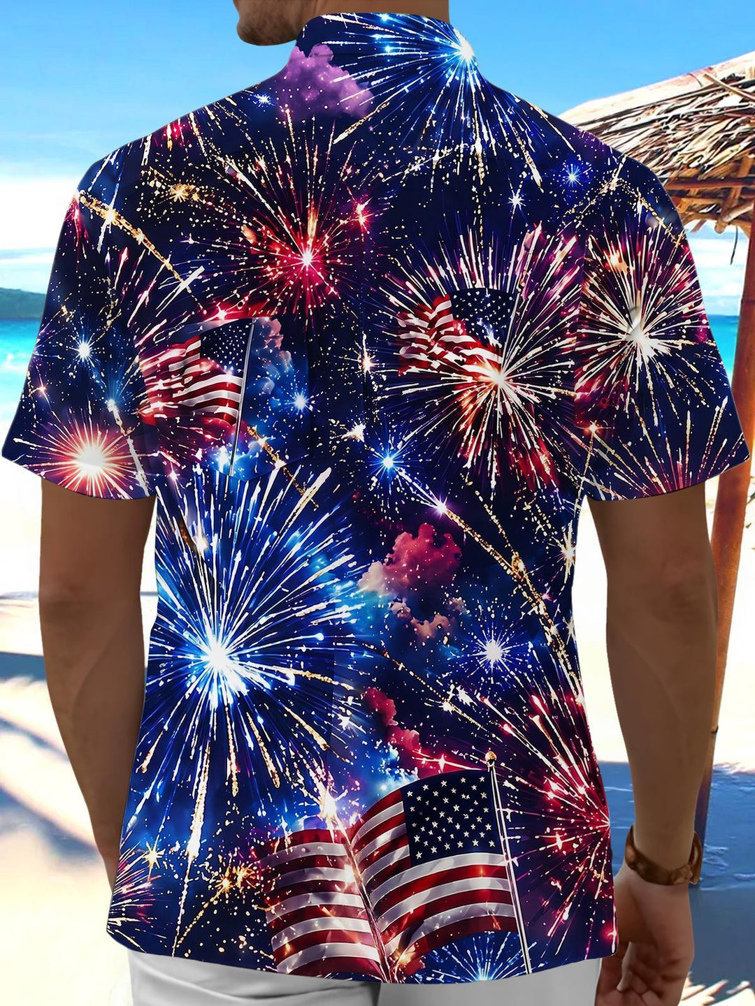 USA Independence Day Fireworks & Flag Men's Pocket Short Sleeve Shirts