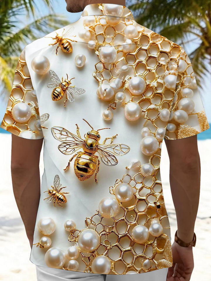 Bee Print Men's Pocket Short Sleeve Shirts