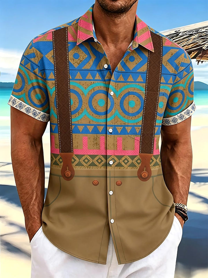 Bohemian Suspender Ethnic Geometric Western Style Men's Pocket Short Sleeve Shirts
