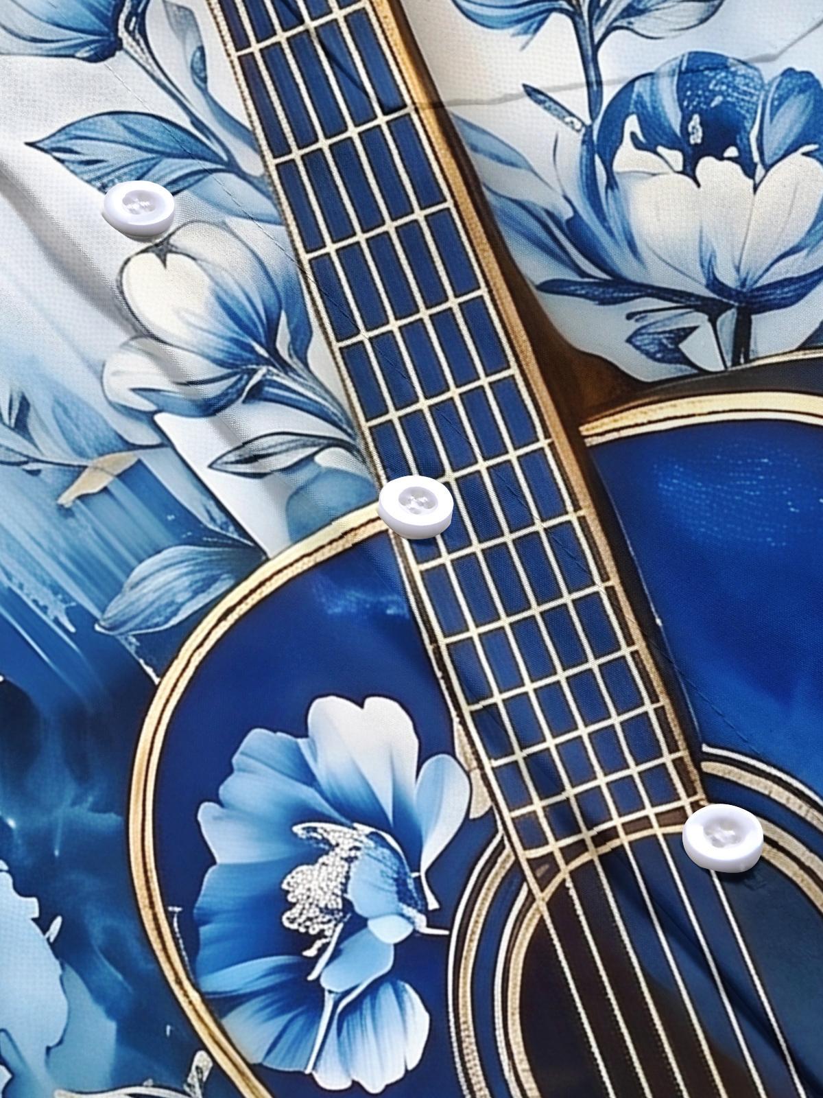 Blue Floral Guitar Gradient Abstract Music Men's Pocket Short Sleeve Shirts