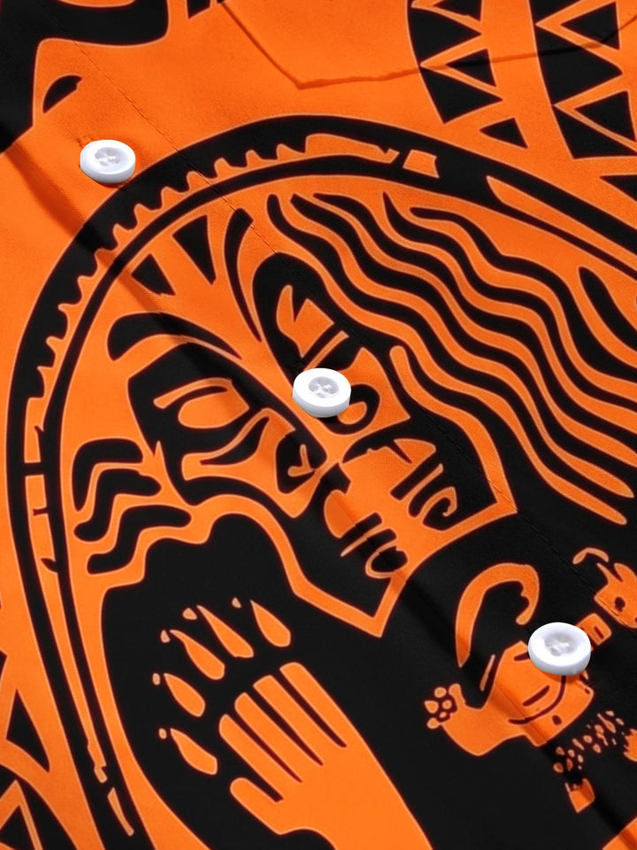 Hawaiian Orange Tribal Totem Decorated Men's Pocket Short Sleeve Shirts