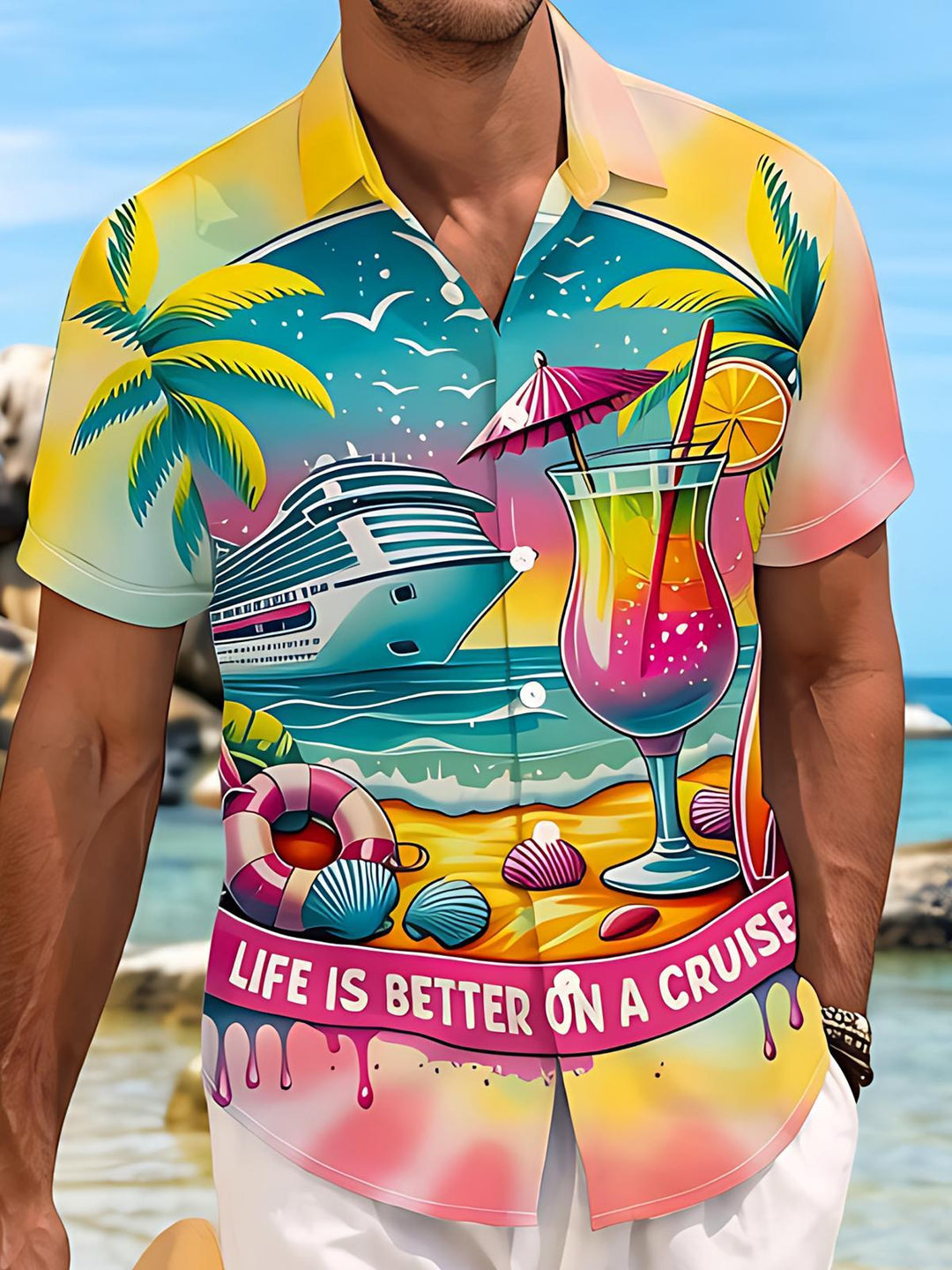 Hawaii Colorful Cruise Vacation Cocktail Coconut Tree Men's Pocket Short Sleeve Shirts