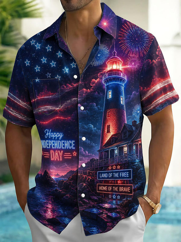 Independence Day Lighthouse Neon Night Scene Men's Pocket Short Sleeve Shirts