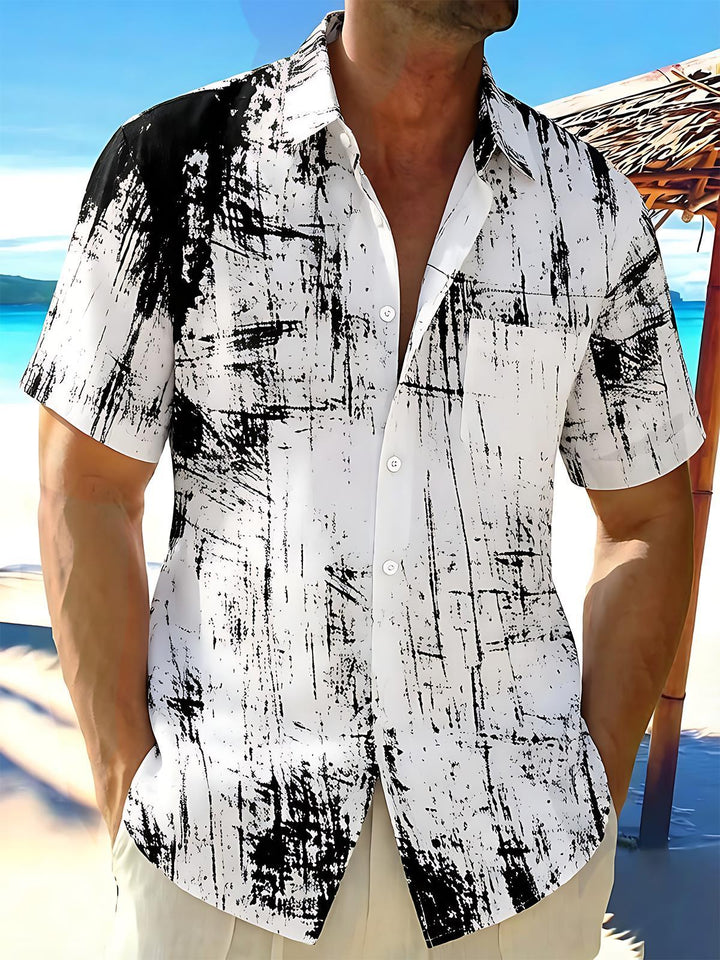 Black And White Abstract Tie Dye Brushstroke Men's Pocket Short Sleeve Shirts