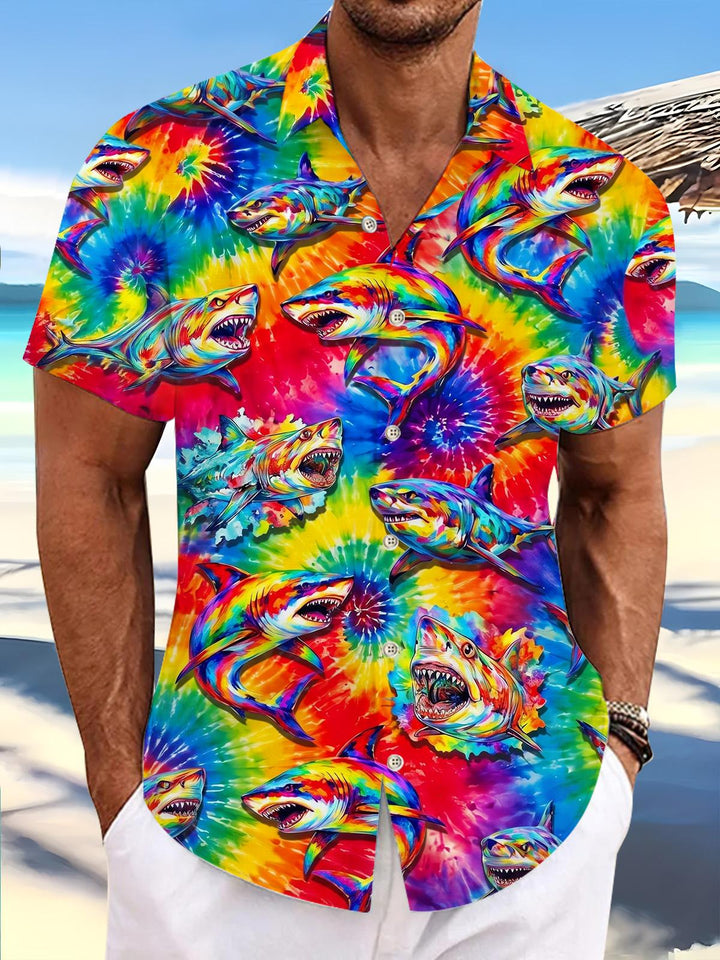 Colorful Shark Print Men's Pocket Short Sleeve Shirts