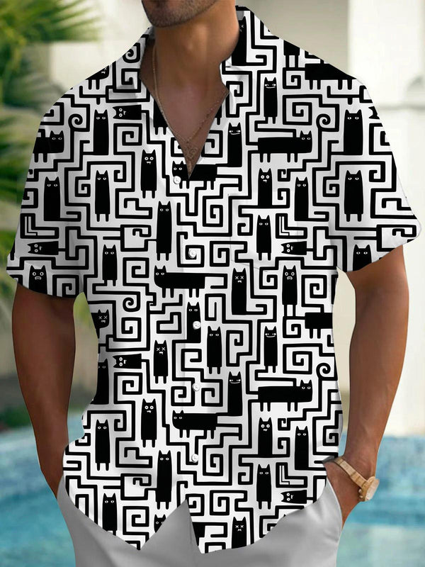 Geometric Cat Print Men's Pocket Short Sleeve Shirts