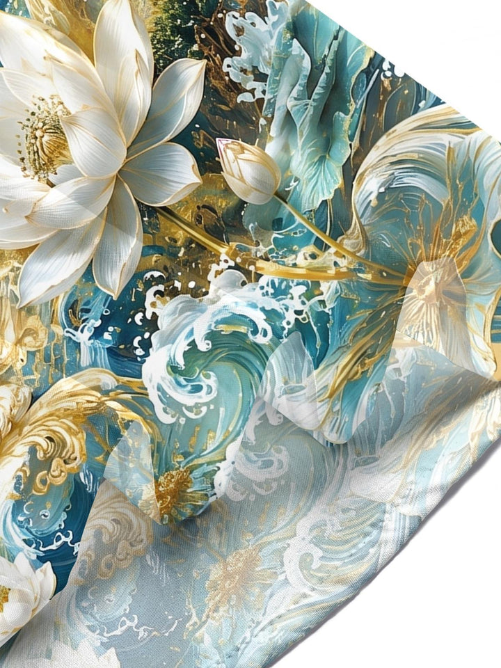 Art Gold Foil Scenery Red-Crowned Crane Lotus Mountain Wave Men's Pocket Short Sleeve Shirts