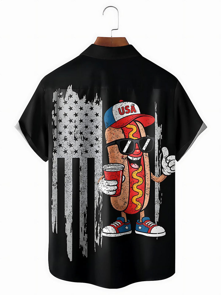 Independence American Flag Hot Dog Men's Pocket Short Sleeve Shirts