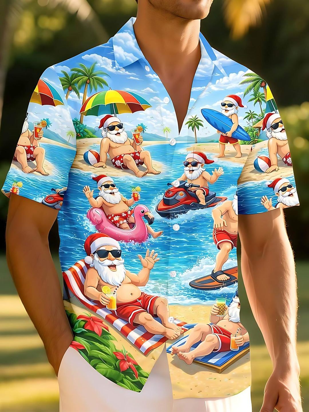 Summer Christmas Santa Claus Hawaiian Print Men's Pocket Short Sleeve Shirts