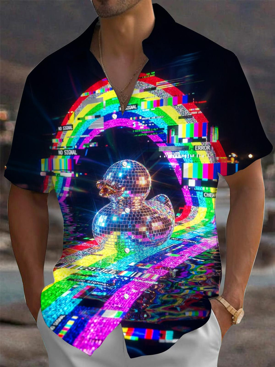 Colorful Disco Ball Duck Print Men's Pocket Short Sleeve Shirts