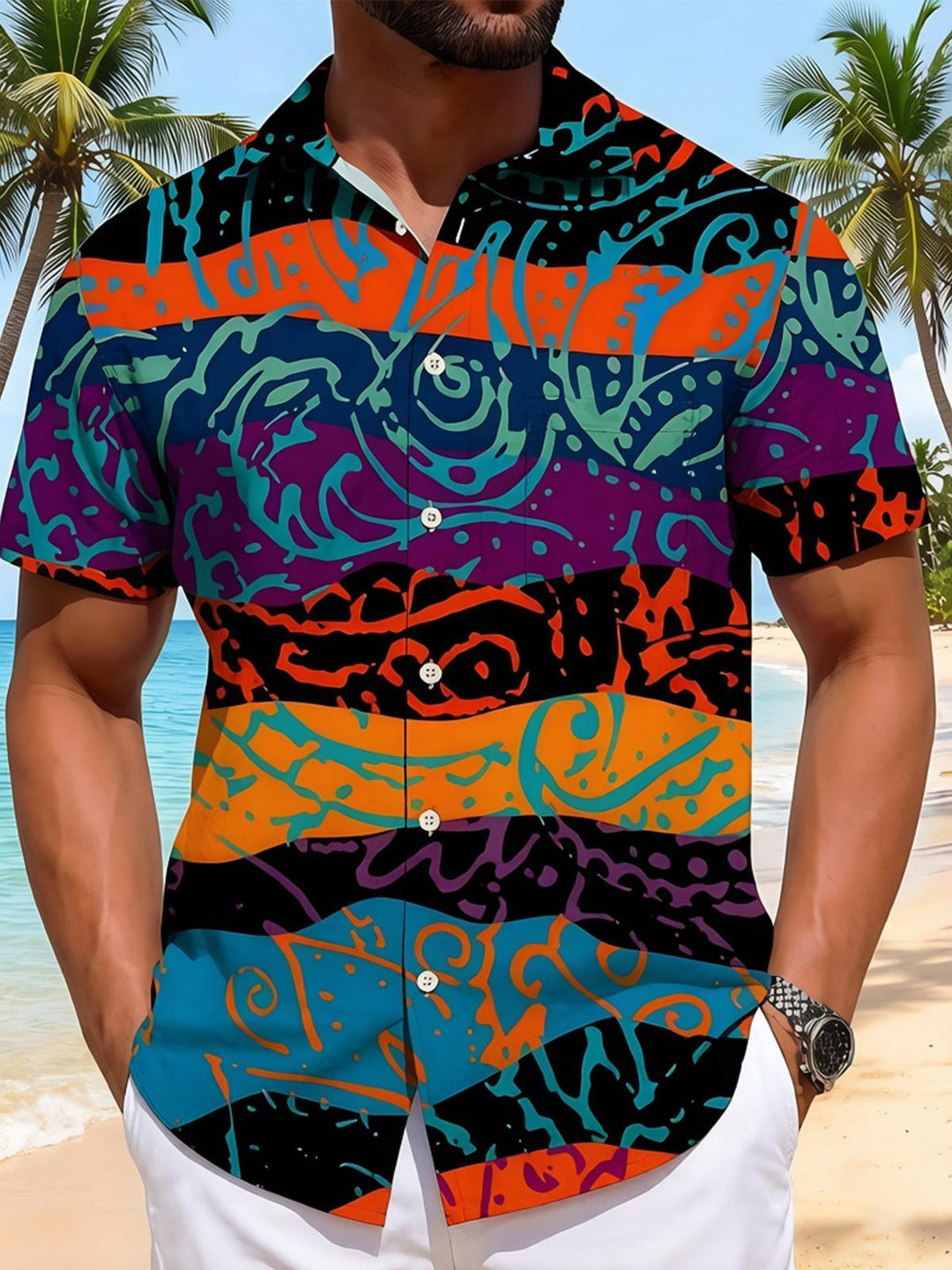 Color Block Abstract Graffiti Stripe Geometry Men's Pocket Short Sleeve Shirts