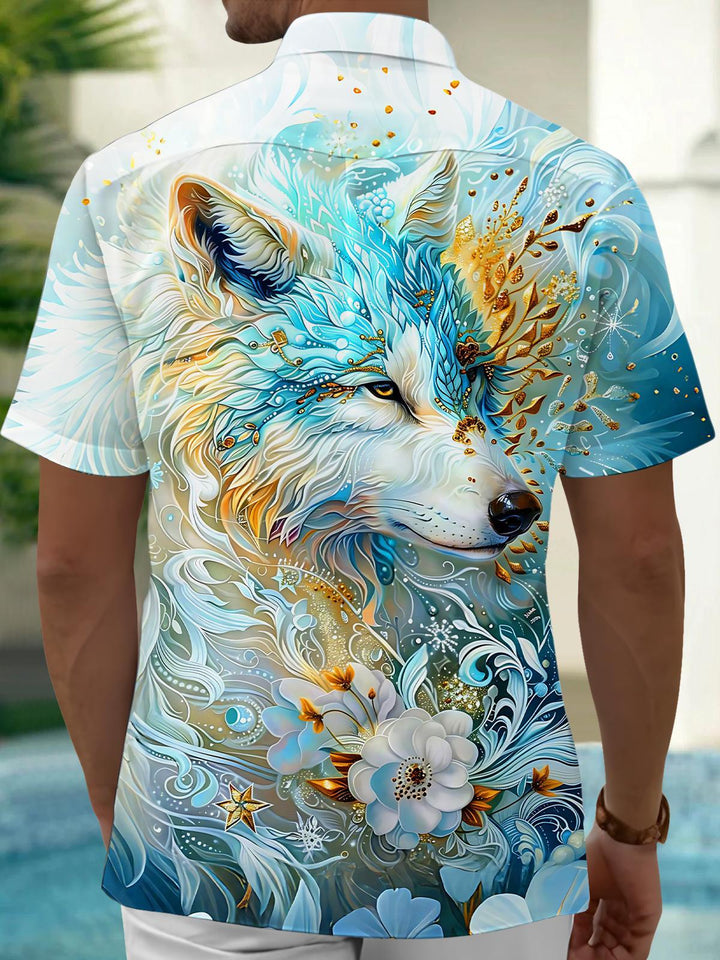 Art Blue Gold Ice Crystal Lone Wolf Floral Men's Pocket Short Sleeve Shirts