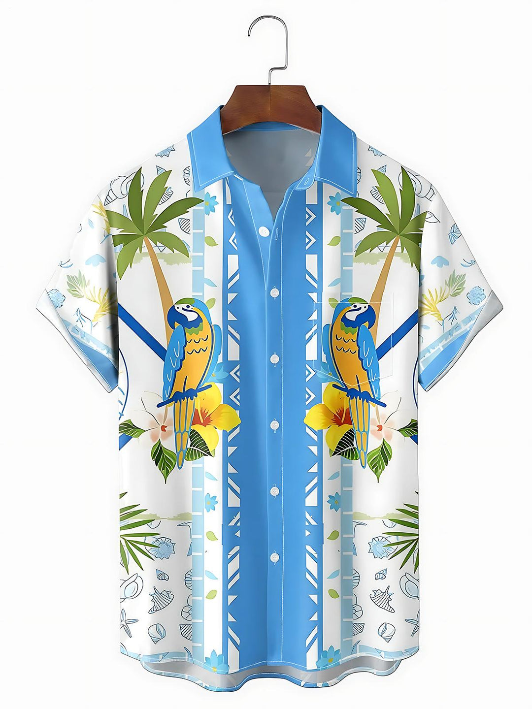 Hawaiian Coconut Tree Parrot Men's Pocket Short Sleeve Shirts