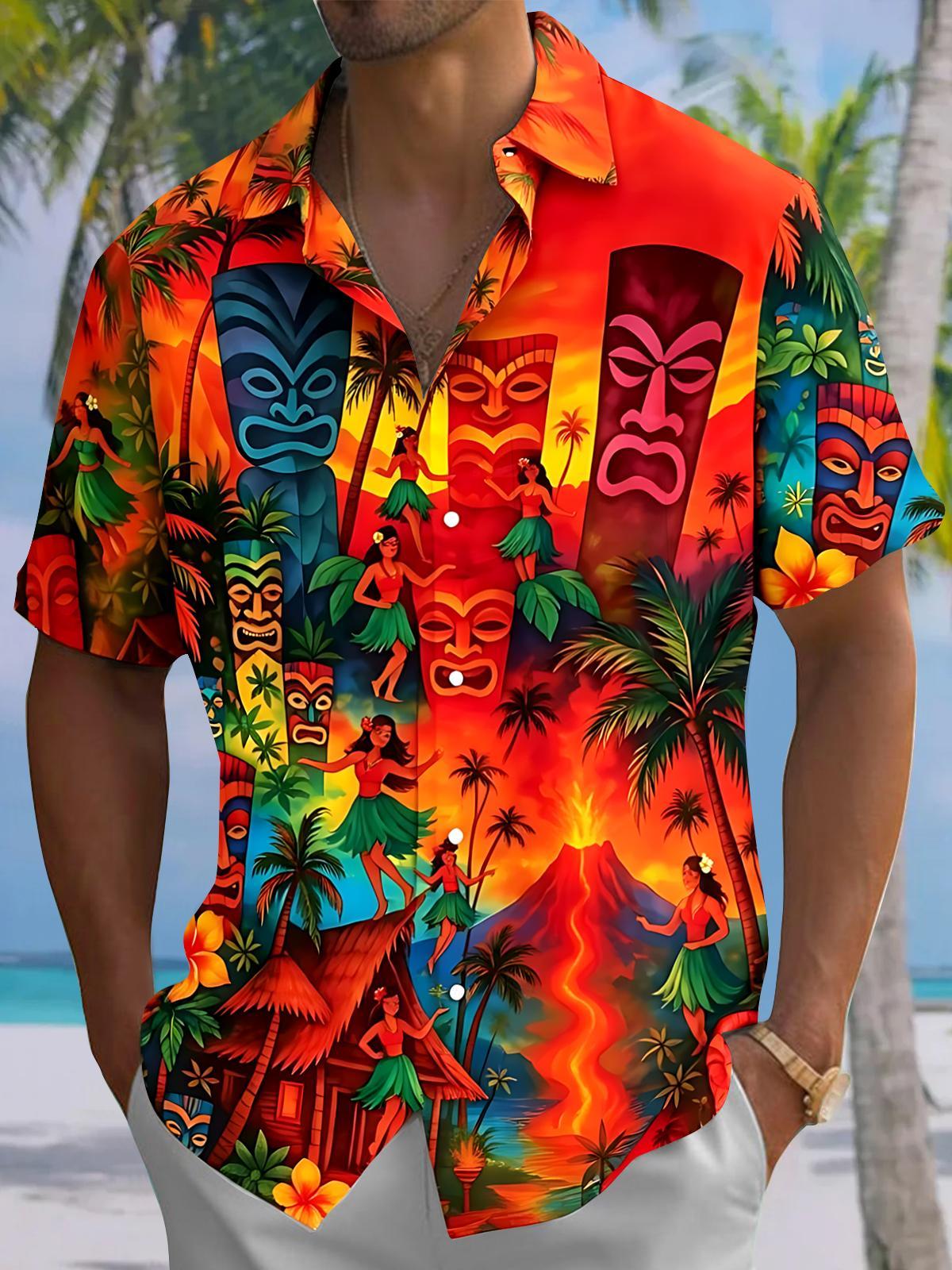 Hawaiian Coconut Trees Volcano Tiki Men's Pocket Short Sleeve Shirts