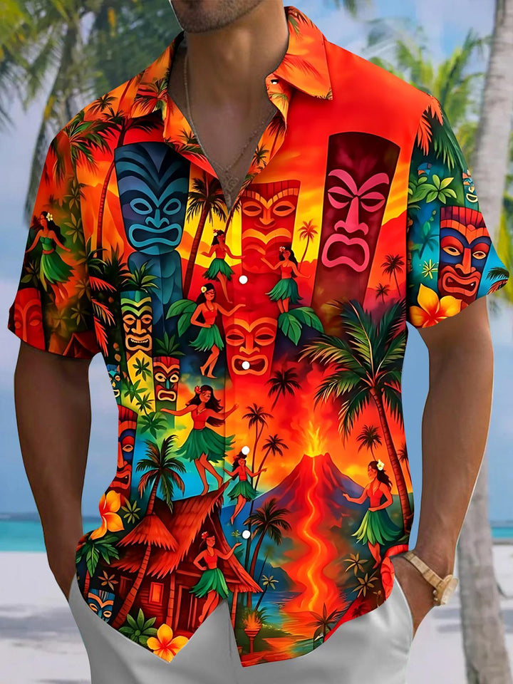 Hawaiian Coconut Trees Volcano Tiki Men's Pocket Short Sleeve Shirts