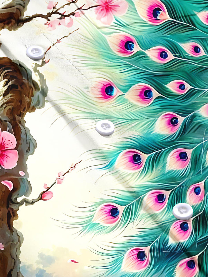 Cherry Blossom And Peacock Men's Pocket Short Sleeve Shirts
