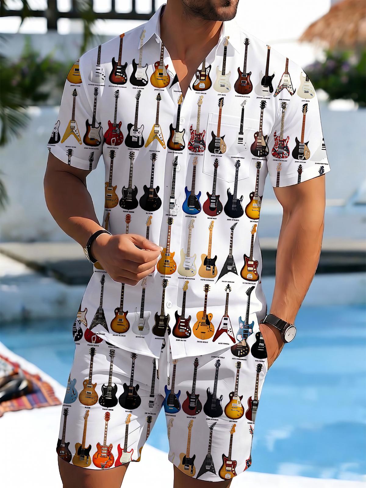 Guitar Print Men's Short Sleeve Pocket Shirts And Shorts Set
