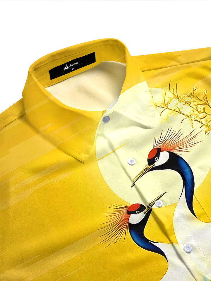 Red-Crowned Crane Sunset Men's Pocket Short Sleeve Shirts