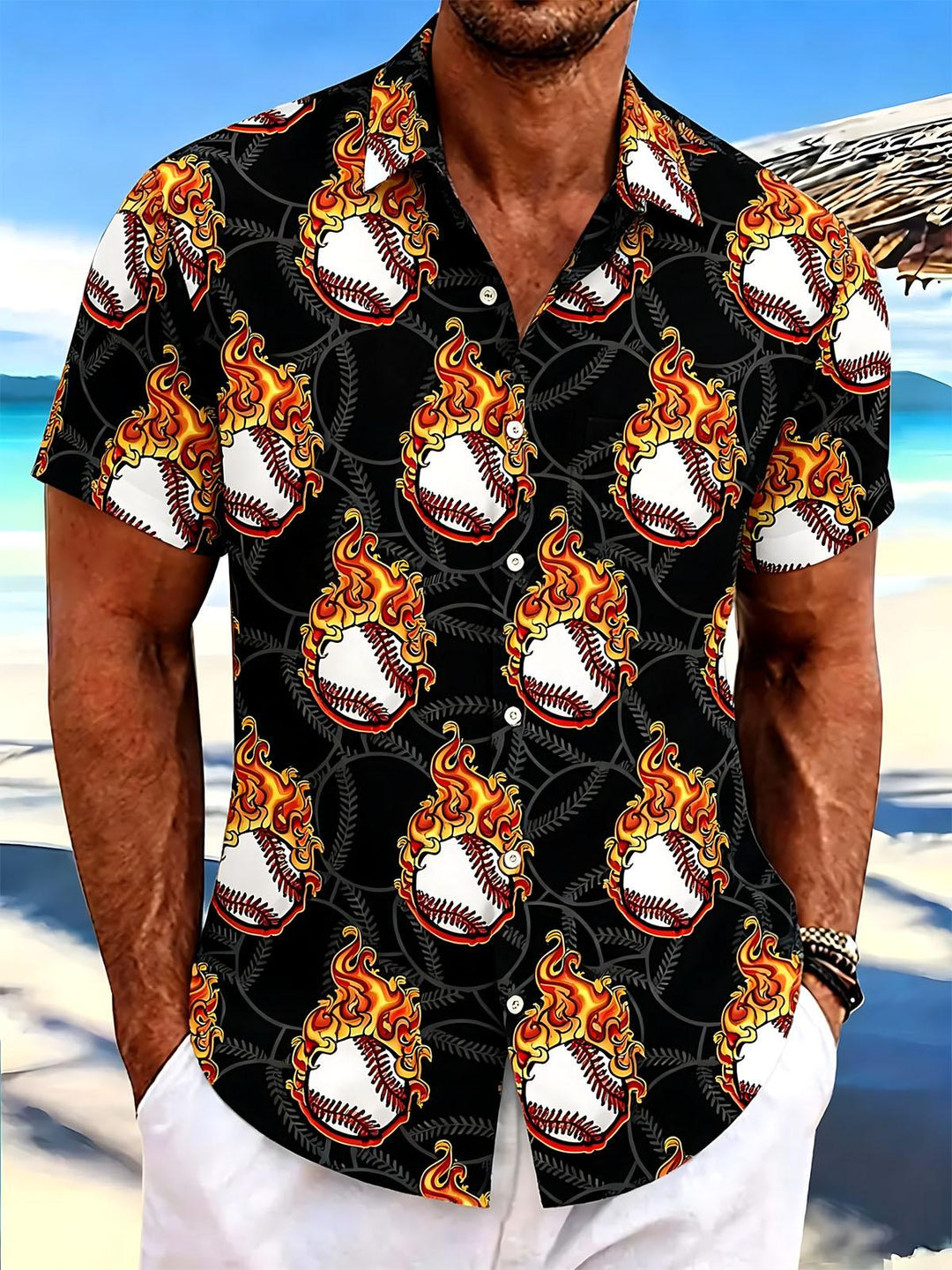 Flame Baseball Print Men's Pocket Short Sleeve Shirts