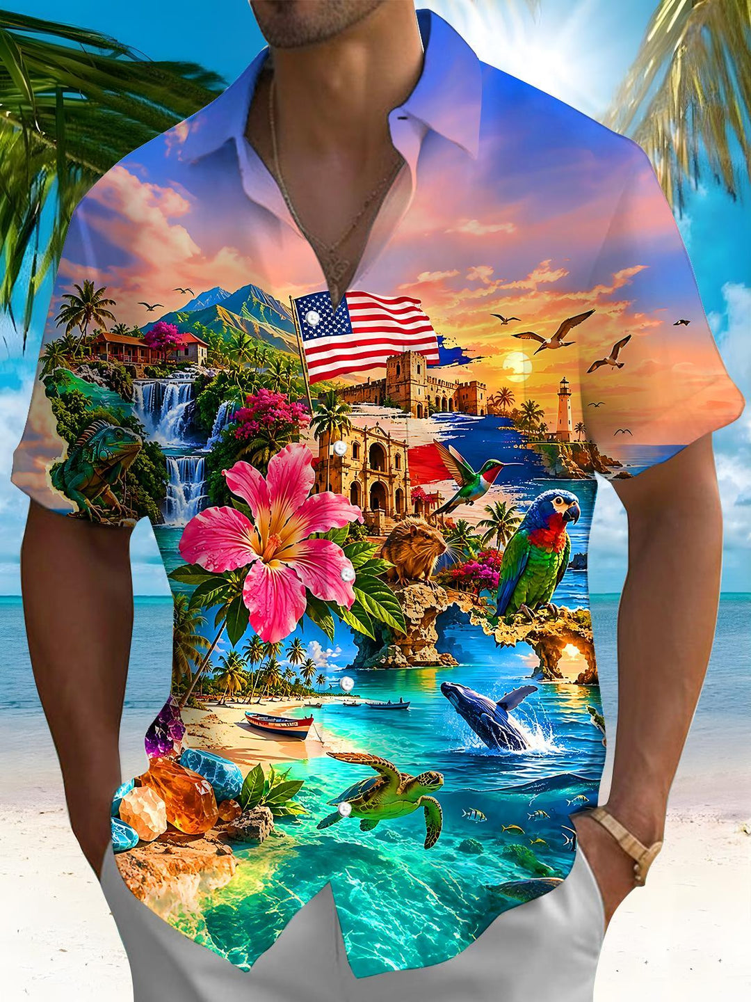 Puerto Rico Flag Tropical Hawaii Animal Ocean World Men's Pocket Short Sleeve Shirts