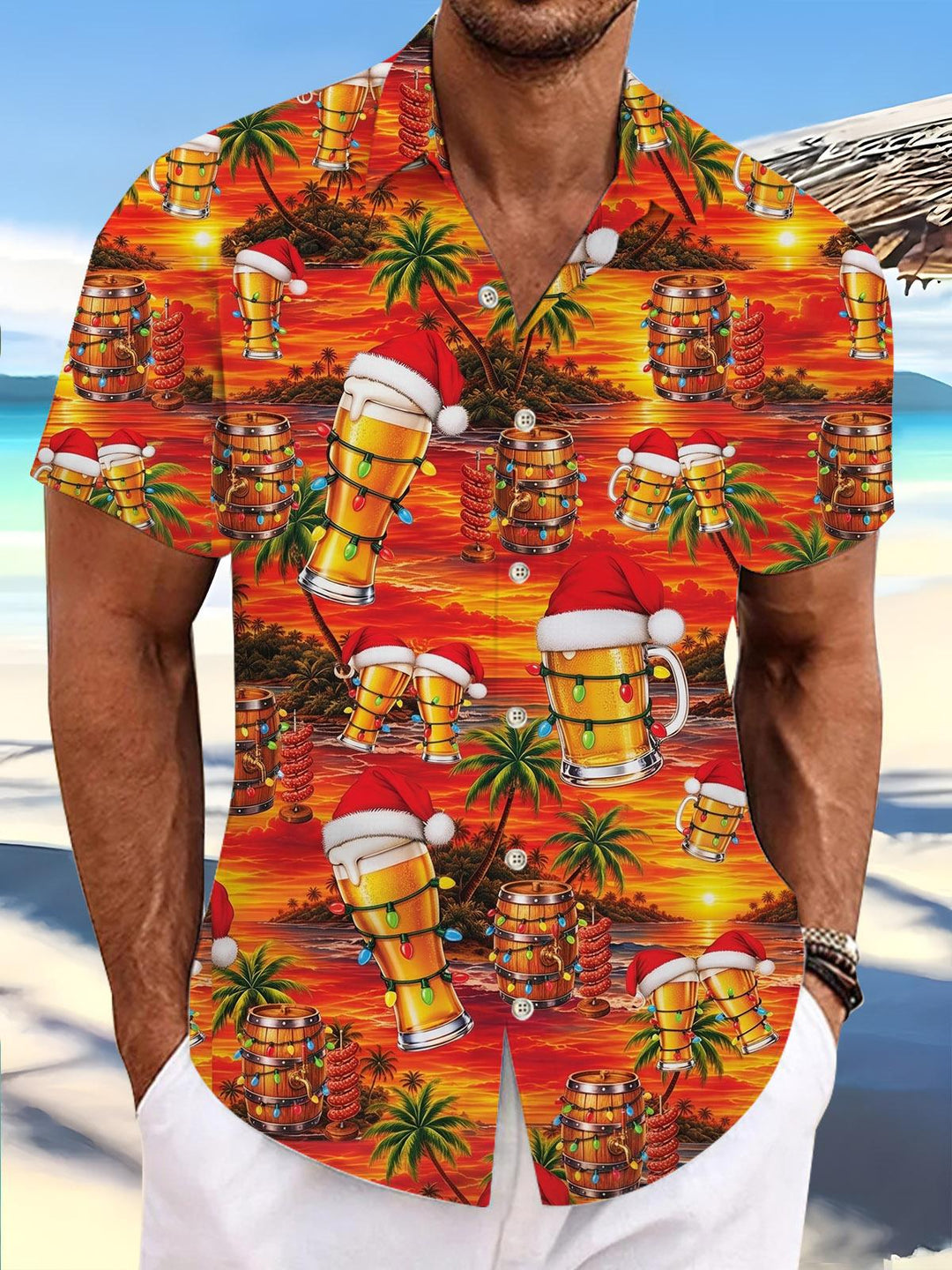 Christmas Beer Hawaiian Print Men's Pocket Short Sleeve Shirts