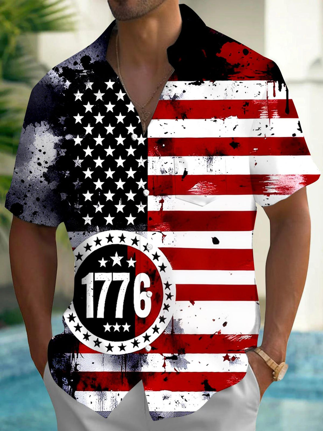 1776 American Flag Men's Pocket Short Sleeve Shirts