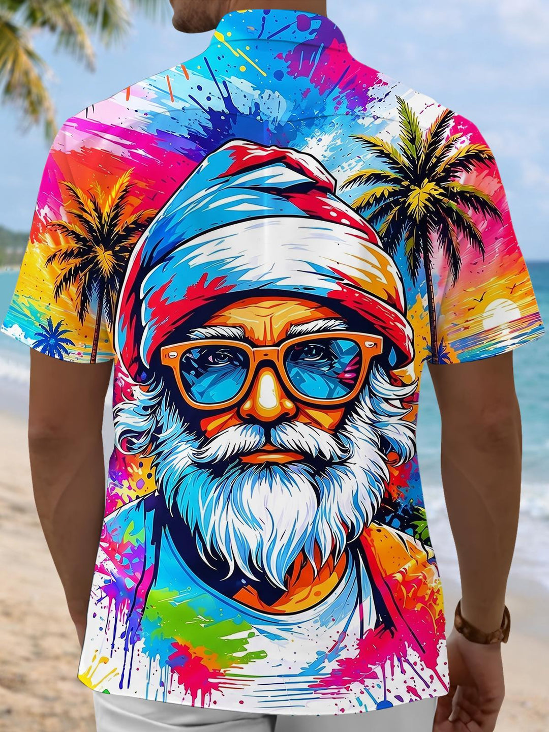 Hawaiian Colorful Tie Dye Summer Beach Santa Claus Men's Pocket Short Sleeve Shirts