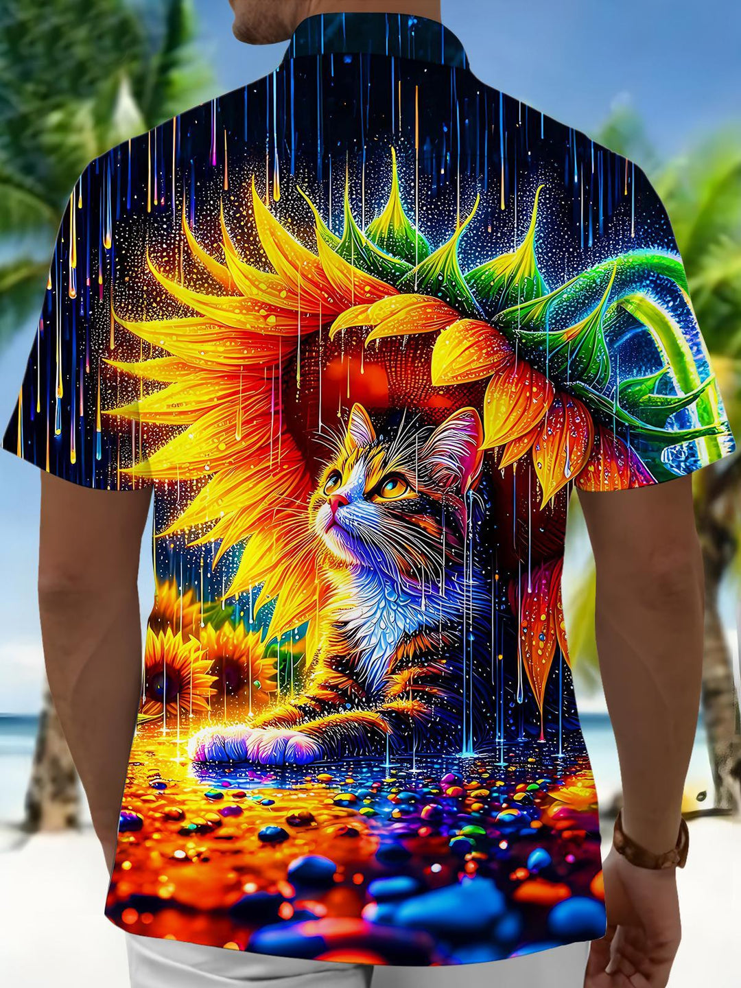 Fun Iridescent Sunflower Cat Rainy Night Men's Pocket Short Sleeve Shirts