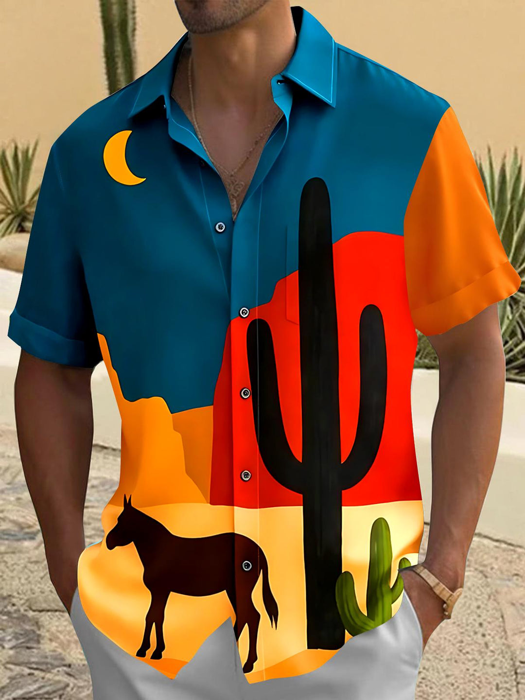 Western Cactus Horse Men's Pocket Short Sleeve Shirts
