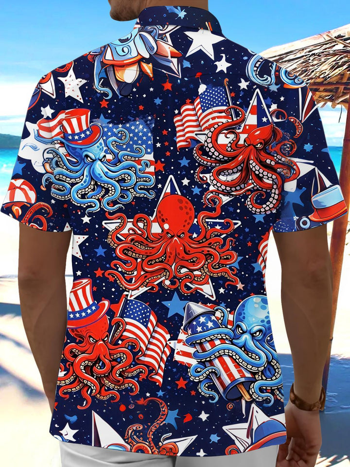 Independence Day Octopus American Flag Print Men's Pocket Short Sleeve Shirts