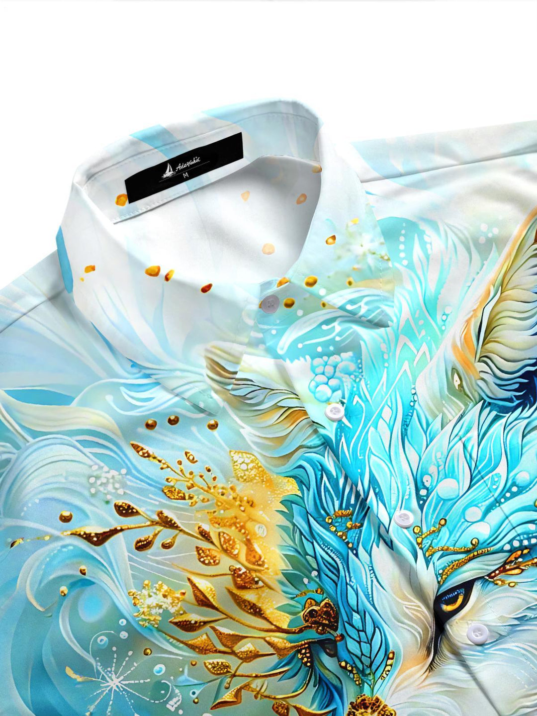 Art Blue Gold Ice Crystal Lone Wolf Floral Men's Pocket Short Sleeve Shirts