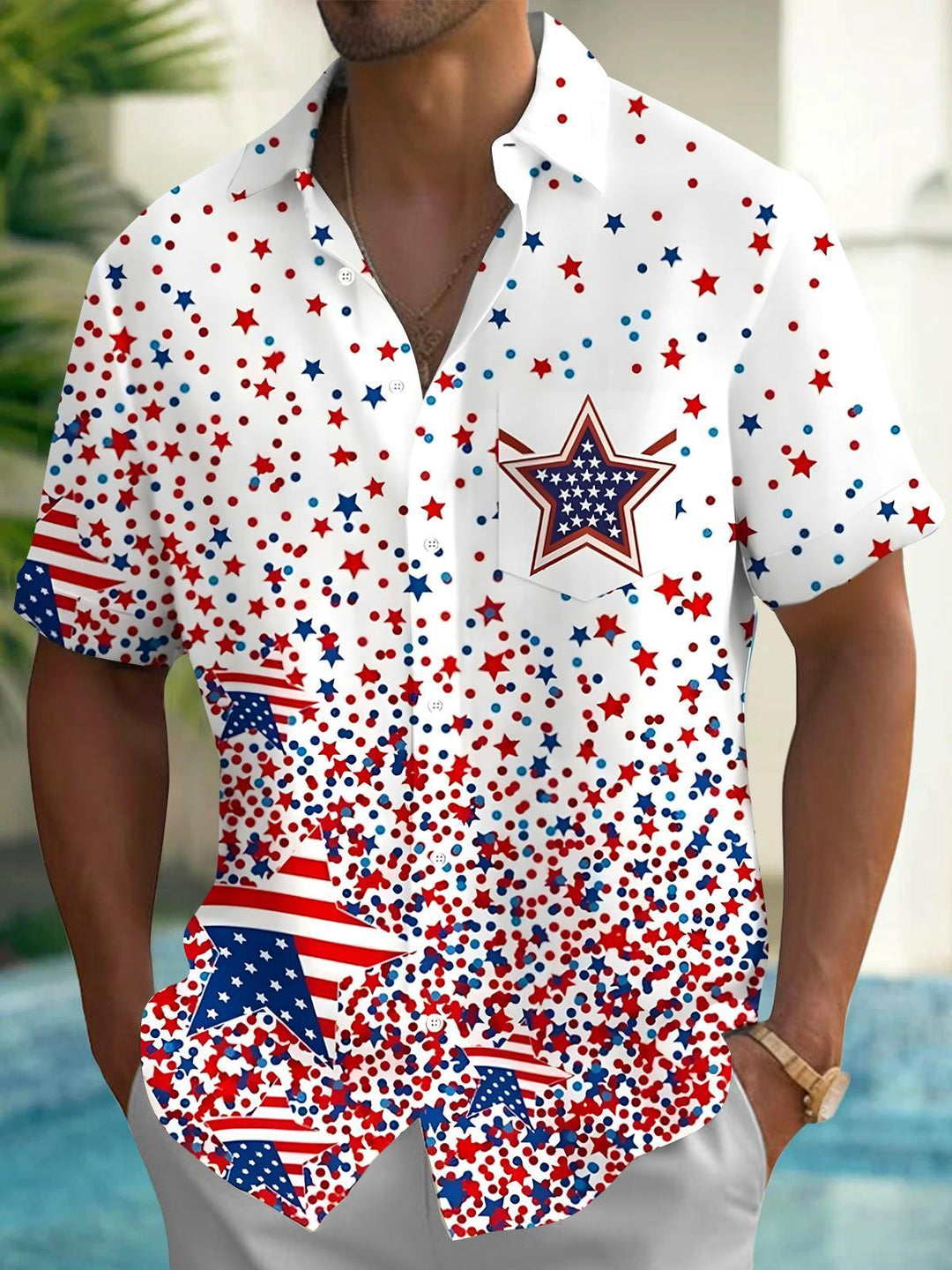 Independence American Flag Star Men's Pocket Short Sleeve Shirts